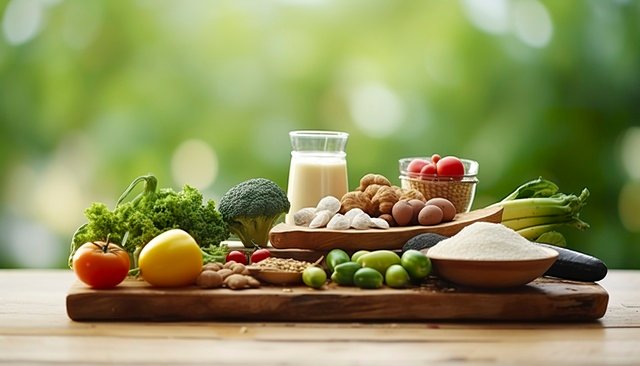 chopping board with colourful food and nutrition