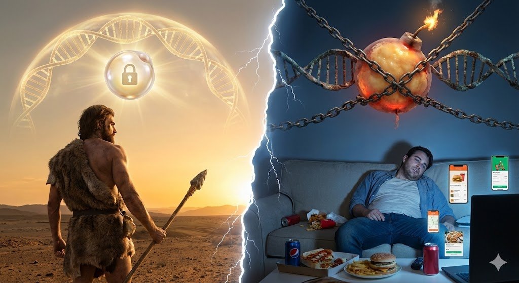 an image showing the difference between ancient man thriving from fasting and modern man being unable to fast due to modern day conveniences and overconsumption