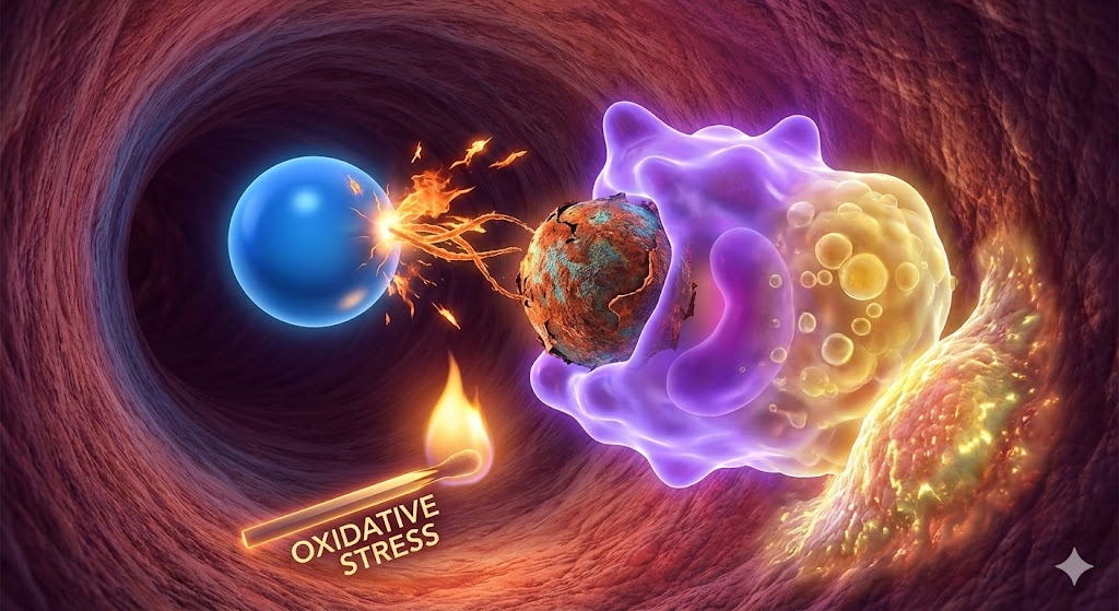 inside a blood vessel showing oxidative stress lighting a metaphorical match to set off the cascade of atherosclerosis