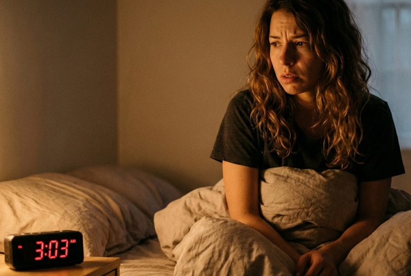 woman waking in the night at 3am due to symptoms of perimenopause